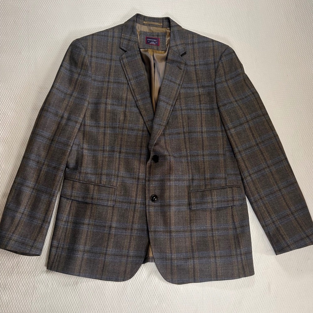 UNTUCKit Harewood Blazer Mens 42S Marzotto Super 110s Wool Plaid Tan Blue 40777 - Picture 2 of 10